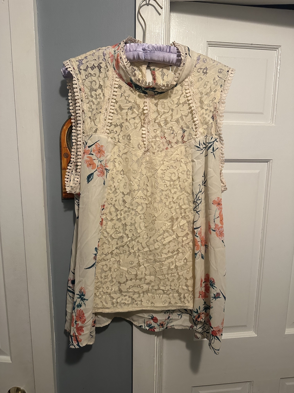 loralette Cream Lace Yoke Floral Top with Coral and Blue Blooms - Picture 2 of 4